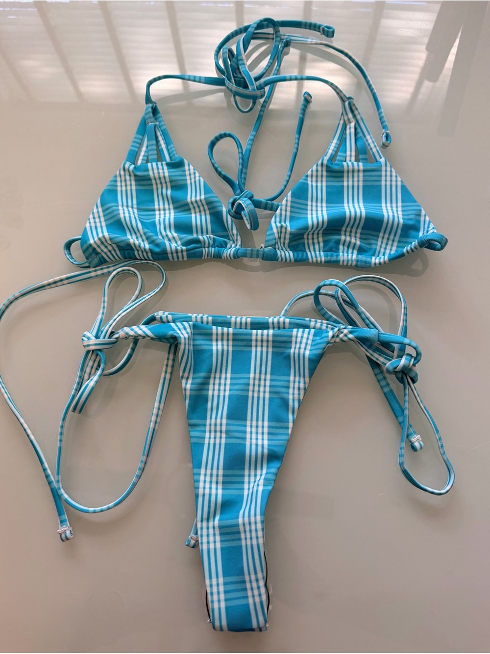 Turquoise Palaka Tie-Side thong and Triangle Bikini Set